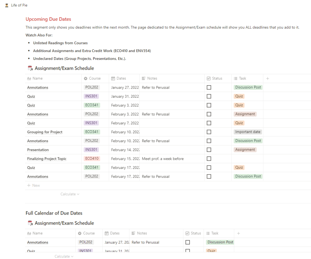 Notion calendar academic planning