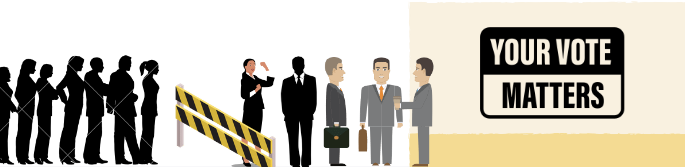 capital votes matter more than the average person's vote -- image of businesspeople in line on a sign that says their vote matters while ordinary public is barricaded off